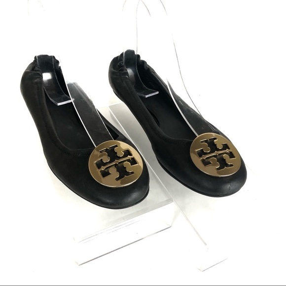 Tory Burch Reva Black Leather Ballet Flats Gold Logo Sz 7.5 - Picture 1 of 7